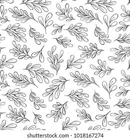 Seamless plant pattern. Sketch of leaves, branches on a white background. Handmade. A simple print for textiles. Vector illustration.