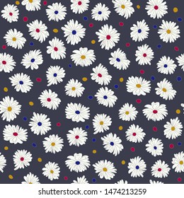 Seamless plant pattern. Small cute flowers of daisy. Trendy floral background for fashion prints, wallpaper, surface. Chaotic order. Country style. Colorful polka dots.