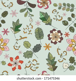 Seamless plant texture of futuristic fantastic flowers, twigs and leaves. 