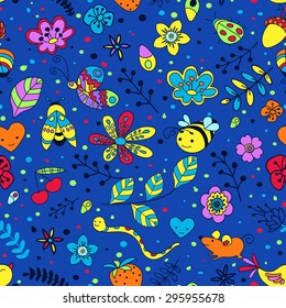 Seamless plants, birds and insects hand-drawn pattern, nature background.Can be used for wallpaper, pattern fills, web page background, surface textures. 