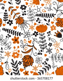 Seamless plants hand-drawn pattern, abstract nature background. Surface design