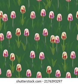 seamless plants pattern background with tulips flower fields , greeting card or fabric