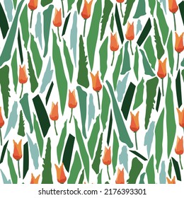 seamless plants pattern background with tulips in green fields , greeting card or fabric