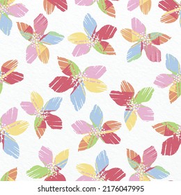 seamless plants pattern on paper background with colourful paint flowers , greeting card or fabric