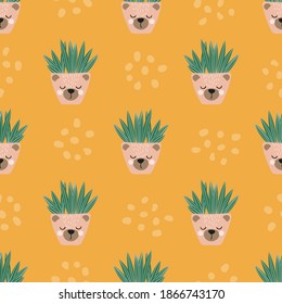 Seamless plants in pots as bear face pattern. Cute cartoon vector print.