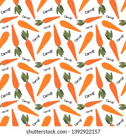 Seamless plants vector pattern on white background. Hand drawn orange carrots in cartoony style with black lettering. Perfect for wallpaper or fabric.