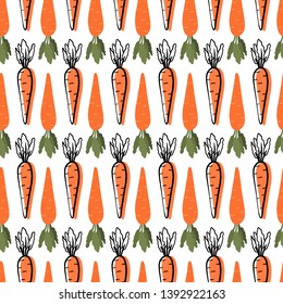 Seamless plants vector pattern on white background. Hand drawn green cucumbers with black contour in cartoony style. Perfect for wallpaper or fabric.