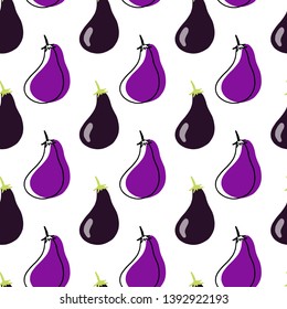 Seamless plants vector pattern on white background. Hand drawn purple eggpants with black contour in cartoony style. Perfect for wallpaper or fabric.