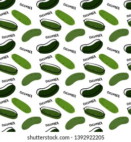 Seamless plants vector pattern on white background. Hand drawn green cucumbers in cartoony style with black lettering. Perfect for wallpaper or fabric.