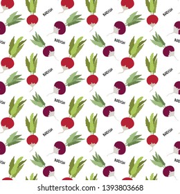 Seamless plants vector pattern on white background. Hand drawn pink and purple radishes in cartoony style with black lettering. Perfect for wallpaper or fabric.