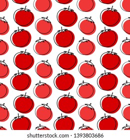 Seamless plants vector pattern on white background. Hand drawn red tomatoes in sketchy style with black contour. Perfect for wallpaper or fabric.