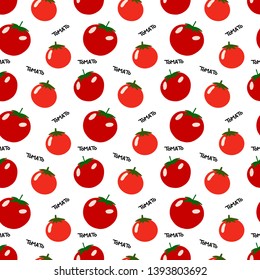 Seamless plants vector pattern on white background. Hand drawn red tomatoes in cartoony style with black lettering. Perfect for wallpaper or fabric.