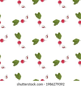 Seamless plants vector pattern on white background. Hand drawn pink and purple radishes in sketchy style with black contour. Perfect for wallpaper or fabric.