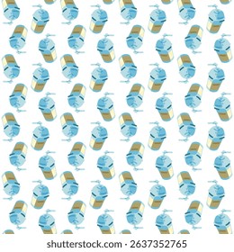 Seamless Plastic Drink Cup Pattern. Seamless pattern with blue plastic takeaway drink cups and straws on white background. Flat cartoon style with soft shading and clean layout.