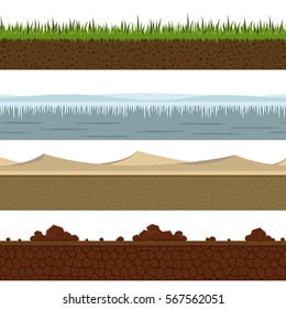 Seamless platformer game land vector template. Repeating outdoor level design asset.