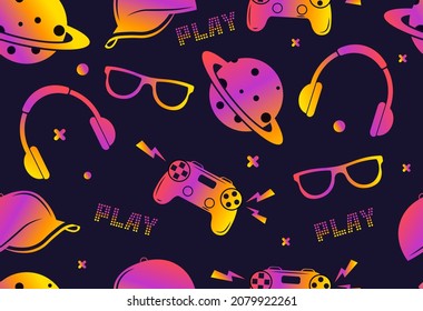 Seamless play pattern. Repeating pattern for printing on fabric. Collection of neon gamepads, joysticks and headphones. Background for gamers, bright wrapping paper. Cartoon flat vector illustration