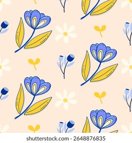 Seamless playful abstract floral pattern with blue, yellow, and white flowers on a light pink background, botanical, nature design, for children's textile, nursery decor, print, background, backdrop. 