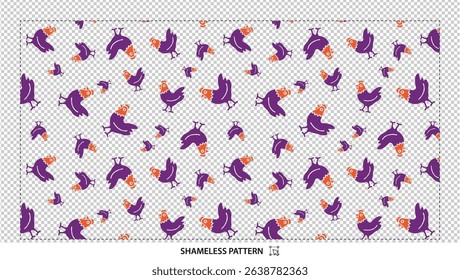 
Seamless playful chicken pattern with cute purple cartoon farm animals on transparent background