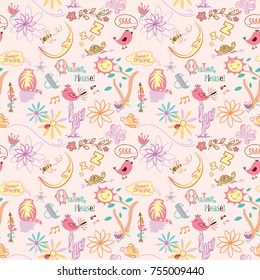 Seamless Playful Collage Sweet Dreams Pattern / Vector Illustration / Pink Background / Global Colors saved with Pattern Swatches