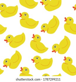 Seamless playful colorful cartoon pattern. Vector hand drawn yellow rubber ducks illustration