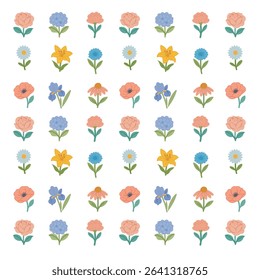 Seamless, playful, flat vector flowers for cheerful designs.