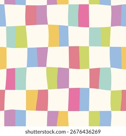 Seamless playful geometric pattern with wavy squares. Funny Checkered Background. Colorful grid texture. Great for child textile, wrapping paper, wallpaper, stationery, party design