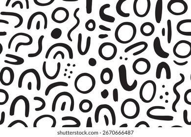 Seamless Playful hand-drawn pattern with black curves, dots and lines on white background.