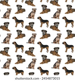 Seamless playful pattern with border terrier dogs. Birthday present for dog fans. Present wrapping. Repeatable art with terriers. Funny dog mascot. White background,detailed handdrawn dog illustration