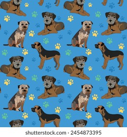 Seamless playful pattern with border terrier dogs. Birthday present for dog fans. Present wrapping. Bright pattern, Repeatable background art with terriers. Funny dog mascot. Dog paws, abstract icons.