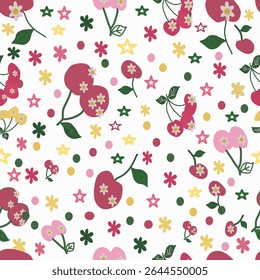 A seamless and playful pattern featuring cartoon-style cherries, flowers, and colorful dots in pink, yellow, and green with a glitter texture effect. Perfect for fabric design, stationery, wallpapers,