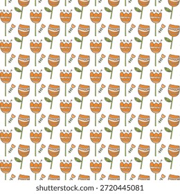 A seamless, playful pattern of orange tulips with green stems on a white background. Ideal for fabric, wallpaper, crafts, packaging, and cheerful seasonal design projects