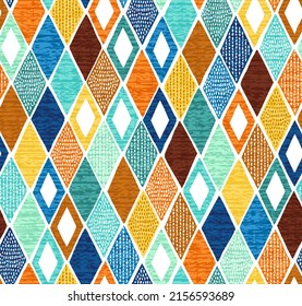 Seamless playful rhombus colorful pattern. Retro geometric creative background design.