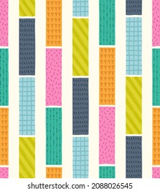 Seamless playful striped doodle pattern background. Colorful rectangle textured scribble print