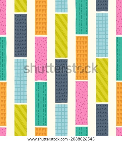 Seamless playful striped doodle pattern background. Colorful rectangle textured scribble print