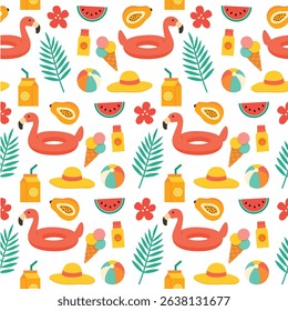 Seamless playful summer vector pattern featuring bright beach items, fruit, and sun elements. Great for branding, packaging, and seasonal decoration.