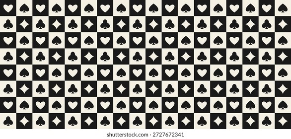 Padrão perfeito de cartas de baralho. Vintage repetindo espadas, corações, diamantes, paus símbolos fundo. Retro poker ou tema de mesa de casino wallpaper. Textura de conceito de jogo Vegas repetida. Vetor