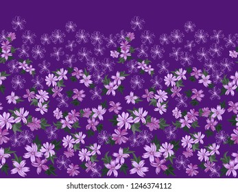 Seamless pleasant border in cute mallow flowers. Millefleurs. Floral background for textile, fabric manufacturing, wallpaper, covers, surface, print, gift wrap, scrapbooking, decoupage.