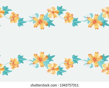 Seamless pleasant border in cute mallow flowers. Millefleurs. Floral background for textile, fabric manufacturing, wallpaper, covers, surface, print, gift wrap, scrapbooking, decoupage.