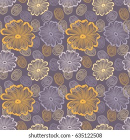 Seamless plum background with flowers and spirals. Ideal for printing on fabric or paper. Vector illustration.