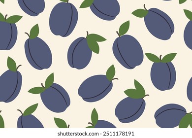 seamless plum pattern; autumn fruits nature background - vector illustration
