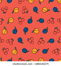 Seamless Plum and Peach and Cherry Pattern on Red Background - Vector Illustration for your digital or print, T-shirt design