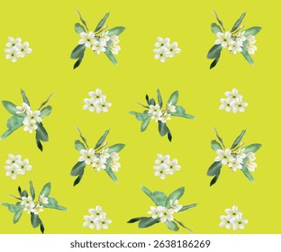 seamless plumeria pattern with white flowers and green leaves on a green background.Isolated, close-up.The design element