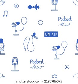 Seamless podcast-themed pattern. Vector background in the doodle style, for banners, websites, packaging.