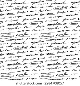 Seamless poetry pattern with handwritten unreadable text. Underlining words in a sentence, strikethrough, highlight text. Hand drawn vector monochrome script, cursive words. Lettering wallpaper.