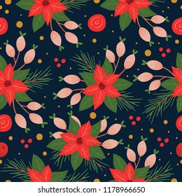 Seamless Poinsettia Pattern in Vector. Repeated Christmas pattern with flowers.  