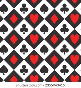 Seamless poker card game pattern, seamless vector casino background with card suits, clubs, hearts, spades and diamonds in black and white checks