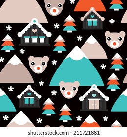 Seamless polar bear christmas trees and snow flake winter wonderland illustration background pattern in vector