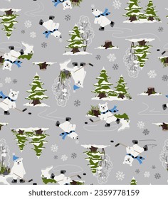 Seamless polar bear vector pattern. Repeating print with bears ice skating and playing hockey with hats and scarfs, trees with snow, snowflakes and forest elements on a gray background.