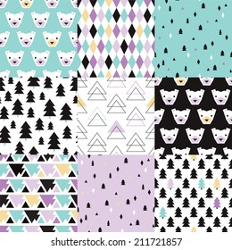 Seamless polar bears and christmas trees geometric abstracts pastel wrapping paper collection happy holidays background pattern in vector