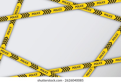 Fronteiras policiais perfeitas para locais de crime. Fitas amarelas da barreira. Fitas de segurança distribuídas no fundo branco. Definir linhas de fitas de aviso para restrição de zonas de acidentes criminais. Ilustração vetorial.